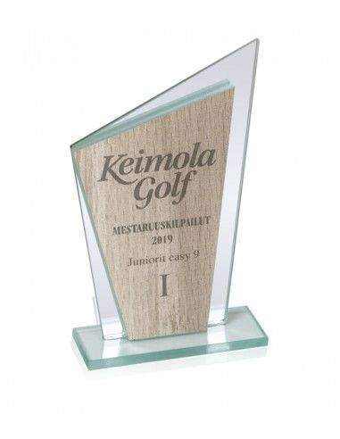 Trofeo de cristal personalizado con placa sobre base de madera